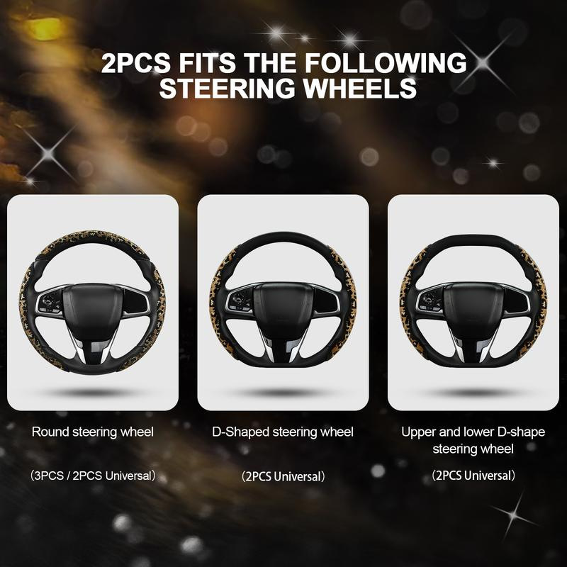 Leopard print diamond-studded crystal car steering wheel cover, trendy and shiny interior modification set for girls, universal car steering wheel cover