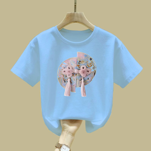 2395 Girls Summer Short Sleeve T-Shirt for Older Children, National Style and Trendy, Versatile Half Sleeve Children's Top, Sweet for Kids