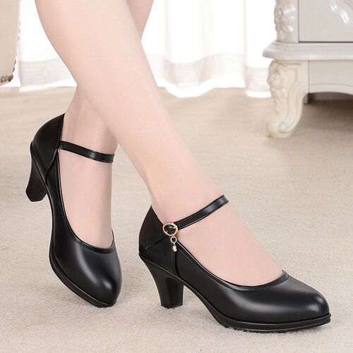 Black work shoes for women, comfortable medium-height professional shoes with soft, non-slip soles, women's leather shoes with thick heels and rounded toes, women's waterproof platform single shoes