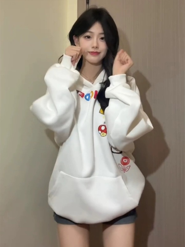 2025秋季新款涂鸦印花白色连帽卫衣女宽松慵懒风chic韩系情侣外套|undefined