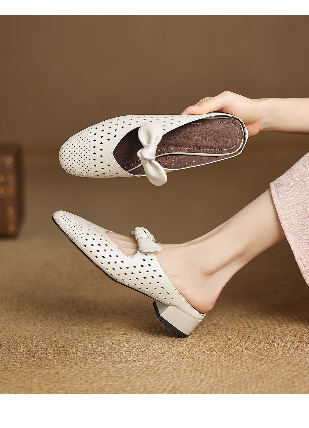 Dép sandal nữ da bò đục lỗ mũi kín quai hậu gót thấp — Màu hồng chi tiết 2