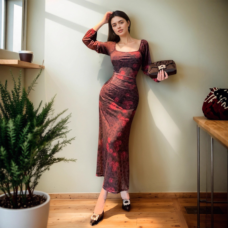 Amazon Foreign Trade Cross-Border Women's Ins Style Tight Sexy Mesh Printed Square Neck Hip Skirt Long Dress