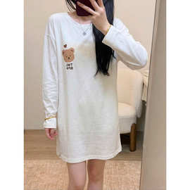 韩版慵懒感小熊印花宽松睡衣女2026夏季大码长袖T恤家居服连衣裙