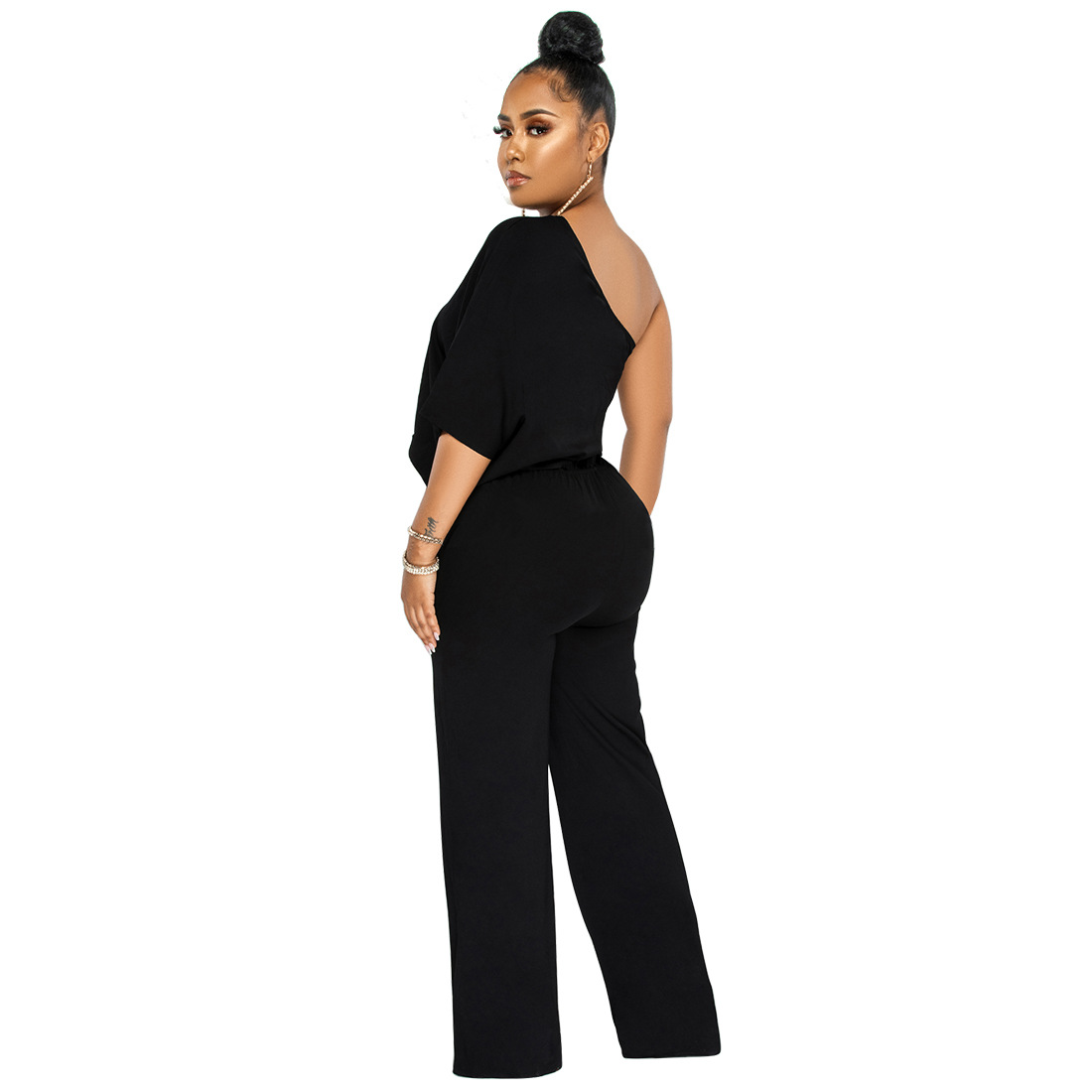 K10137 fábrica directa de pelo Amazon mujeres europeas y americanas color sólido cintura abierta un hombro pantalones casuales backless manga corta mono