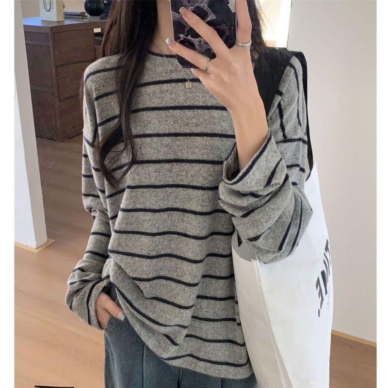 ラウンドネックコントラストストライプ起毛長袖Tシャツレディース秋冬カジュアル韓国風レイジースタイルルーズインナートップトレンディ|undefined