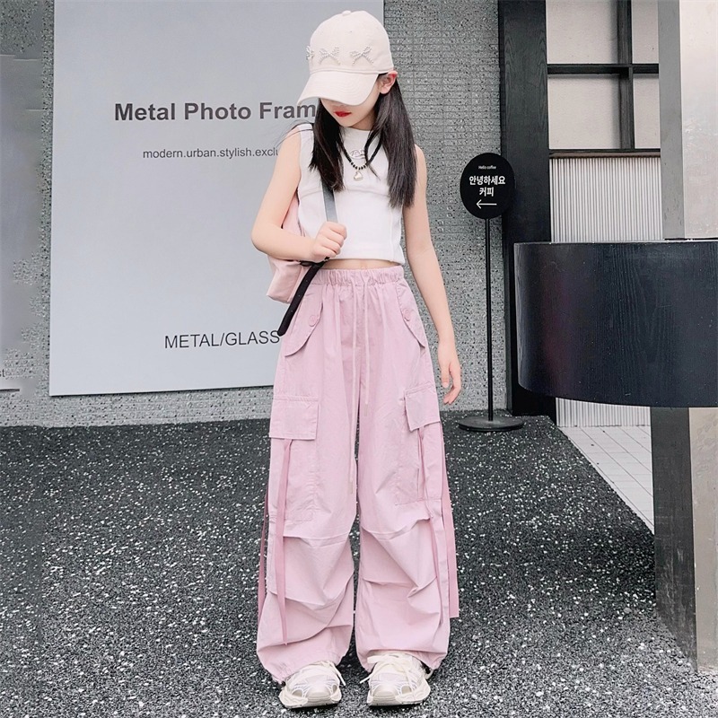 女童夏装工装休闲裤子甜酷炸街女孩时尚宽松阔腿中大童夏季长裤子|undefined