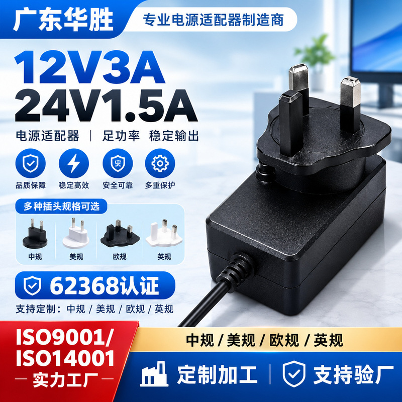 12V3A Power Adapter British Standard Computer Monitoring Audio Power Supply 24V1.5A Power Adapter Manufacturer Customized 12V3A Power Adapter British Standard Computer Monitoring Audio Power Supply 24V1.5A Power Adapter Manufacturer Customized