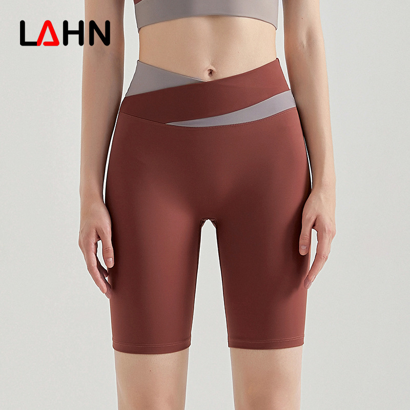 Pantalones cortos de yoga LAHN para mujer, bloques de color, cintura cruzada, cintura alta, levantamiento de glúteos, sin costuras, ajustados, hasta media pierna, fitness.