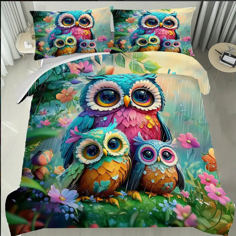 Temas de dibujos animados TEMU / JIT de comercio exterior búho impresión digital 3D cubierta de edredón con kit de cama para dibujar se puede hacer