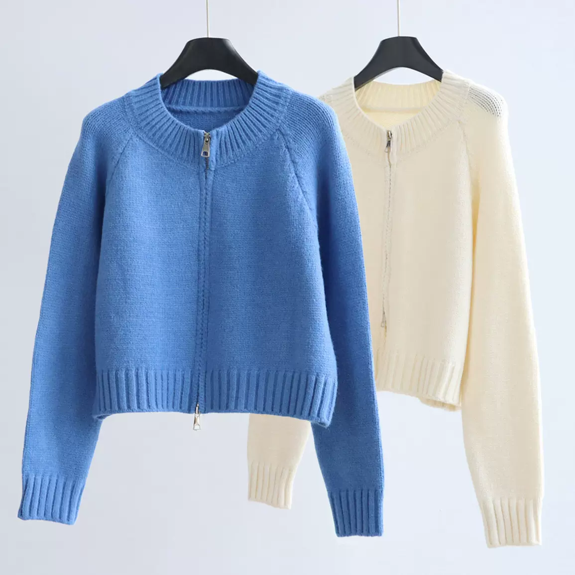 圆领粗针毛衣外套女秋冬女装新款休闲百搭双拉链外穿短款针织开衫