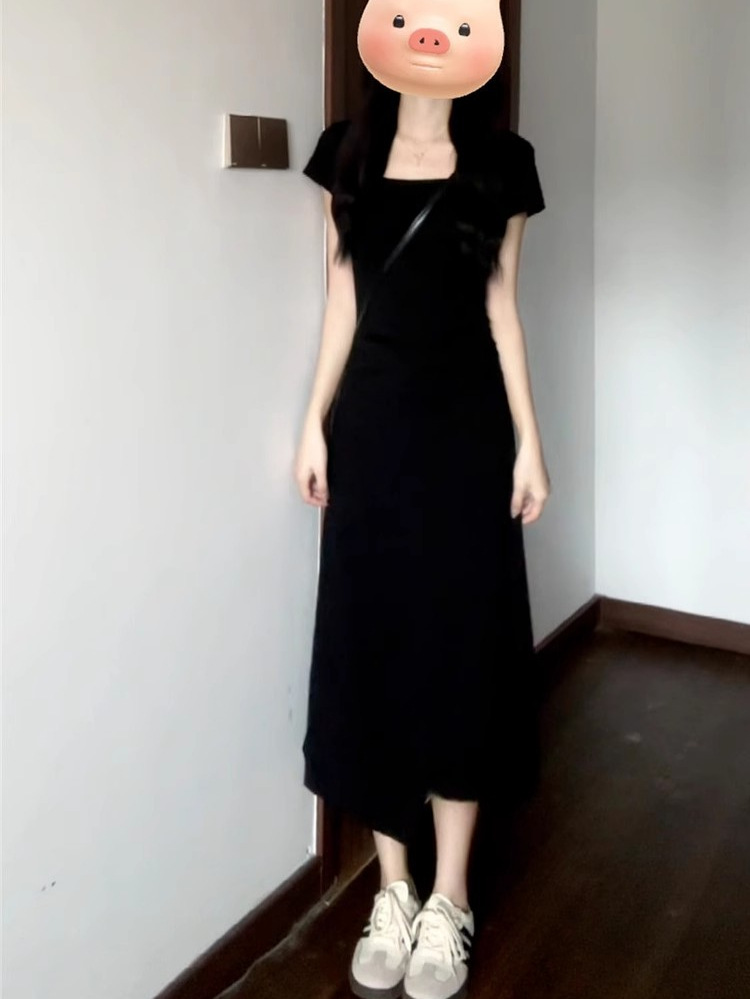 Đầm suông nữ midi màu xám trơn phong cách Pháp — đen