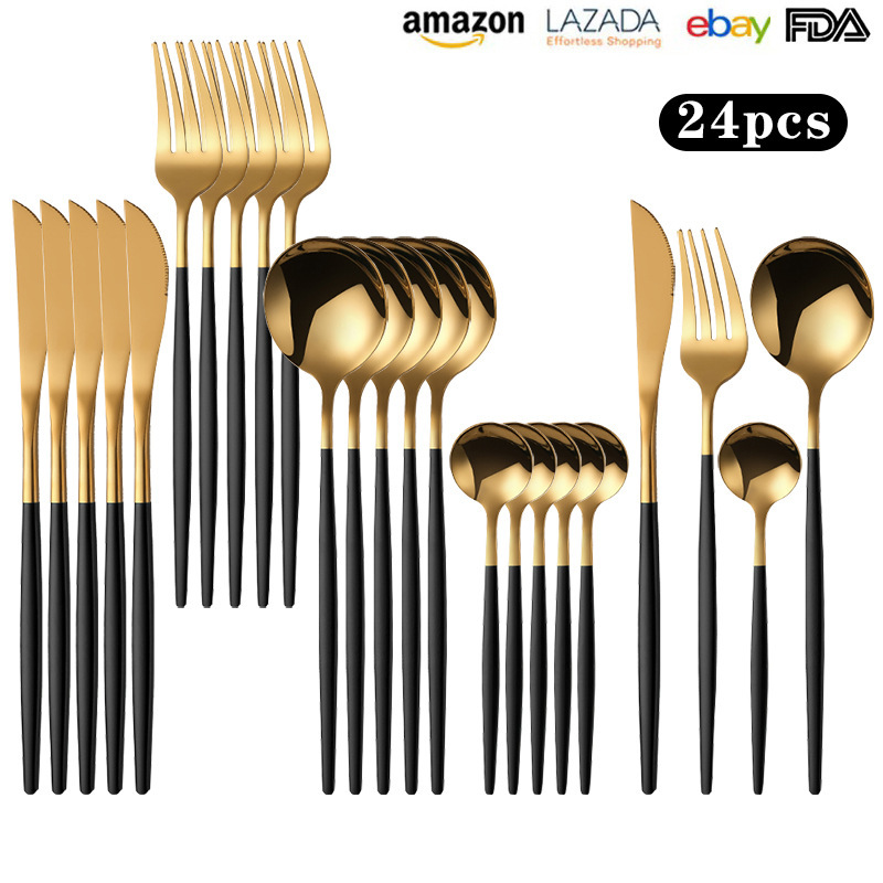 Cross-border Amazon 24-piece set of stainless steel tableware suit Portuguese western-style steak knife and fork spoon titanium-plated golden spoon