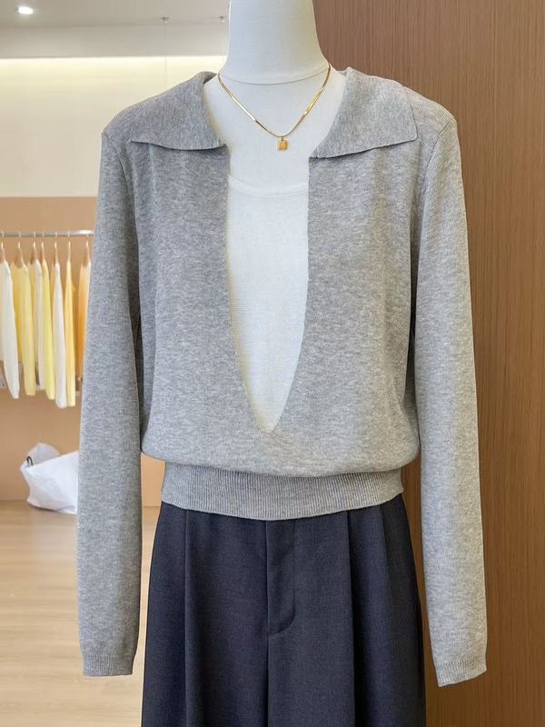 韩版高级感撞色u领假两件针织衫女秋季2025新款长袖百搭气质上衣|undefined