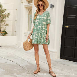 欧美外贸跨境25年夏新款v领休闲度假沙滩裙小清新碎花短款连衣裙
