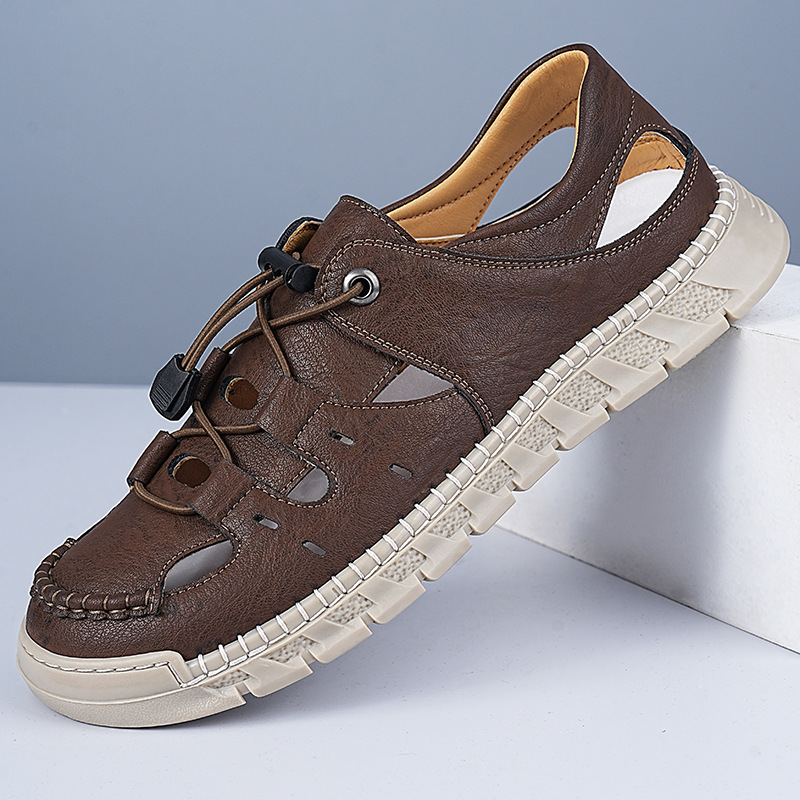 Sandals Men's Genuine Leather Summer Toe-Toe Men's Sandals Hollow Breathable Casual Middle-Aged and Elderly Dad's Clogs Non-Slip