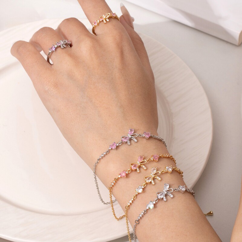 New Cross-Border Style Adjustable Friendship Bracelet with White Rose and Elegant Bow, Diamond-Encrusted Bracelet for Women
