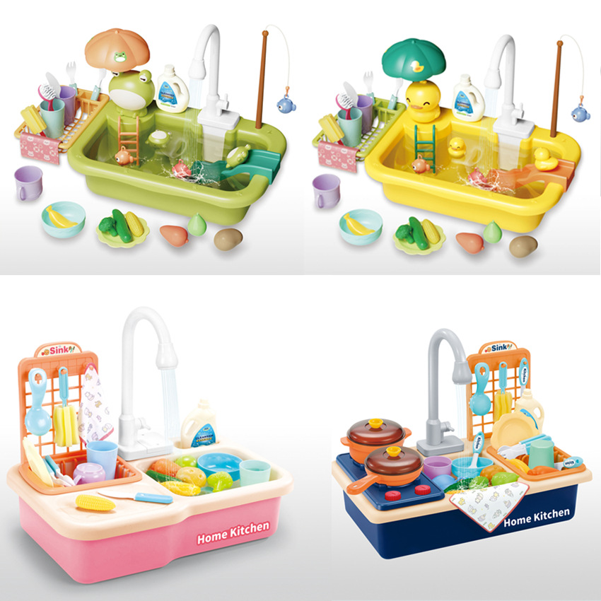 Los niños transfronterizos de agua circulante eléctrica lavabo de juguete vajilla estufa mesa de lavado juego casa fregadero traje