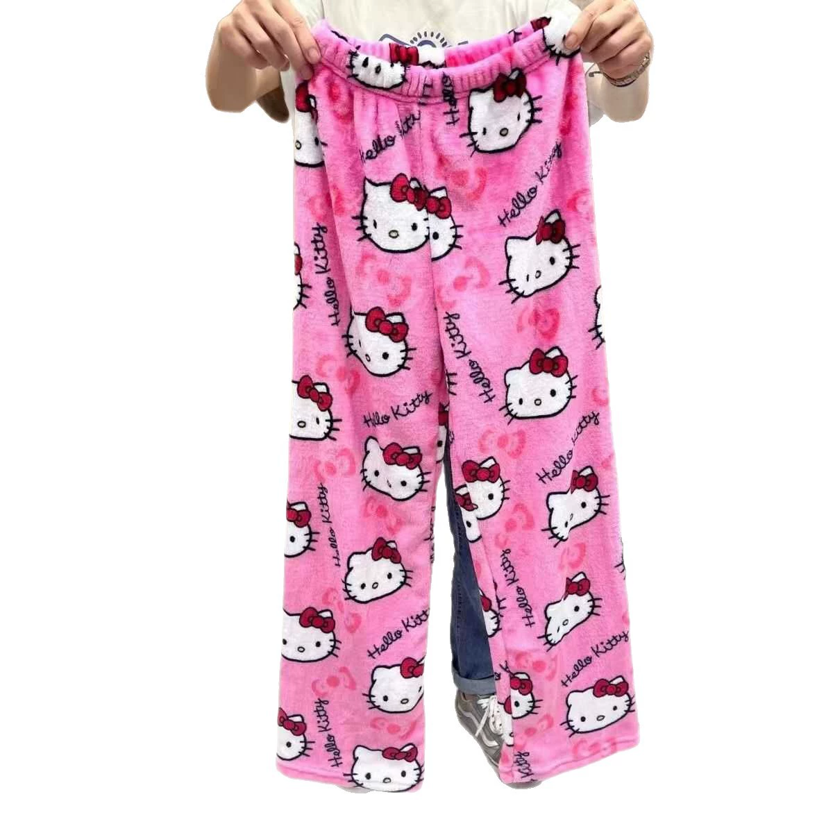 Брюки Hello Kitty коралловый бархат, тёплые, размеры S–XXL, милый флисовый домашний
