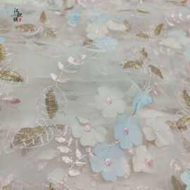 新款网纱 立体花朵激光立体绣花面料 春夏女装连衣裙批发现货面料