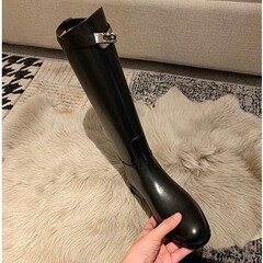 全牛皮~显瘦小金扣真皮粗跟骑士靴女皮带扣厚底长靴高筒靴长筒靴