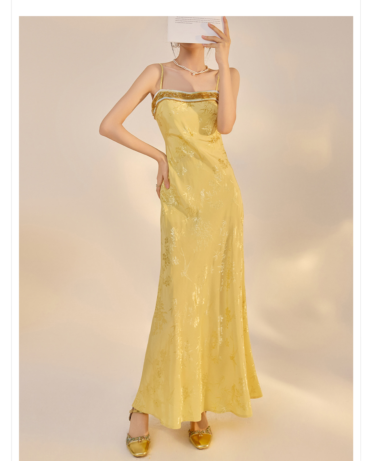 Bộ áo khoác cardigan thêu và váy hai dây phong cách retro mùa hè — Áo vàng chanh, Váy hai dây chi tiết 18