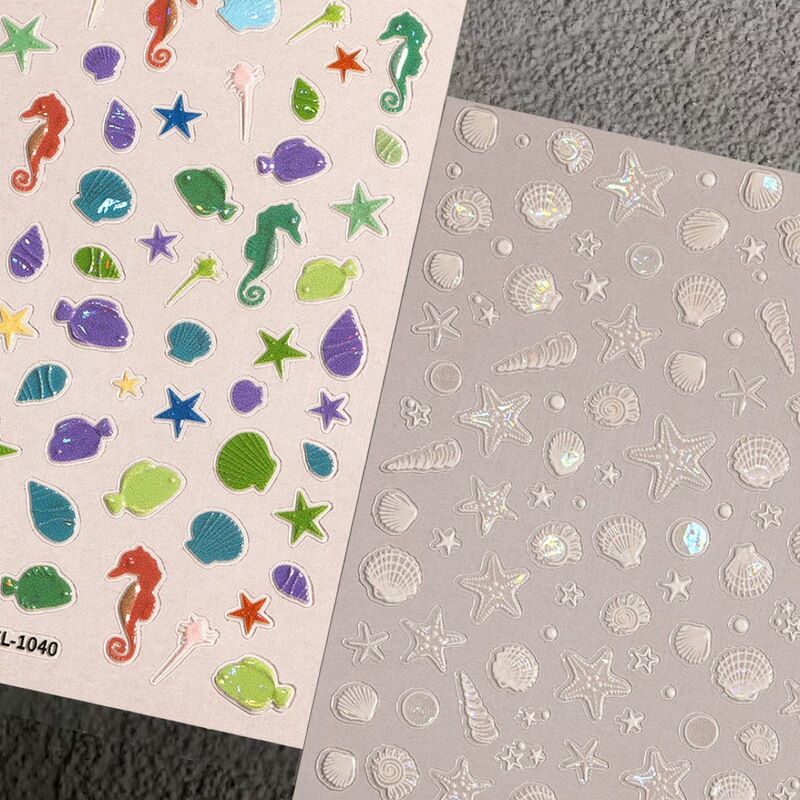 Summer Ocean Style Nail Art Sticker 5D Embossed Fantasy Shell Starfish Jellyfish Nail Sticker Jewelry