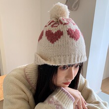 韩国复古爱心毛球护耳毛线帽女秋冬保暖帽子防寒针织帽显脸小冷帽