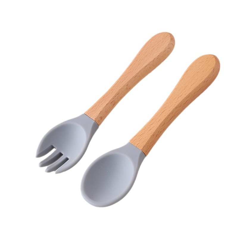 Cuchara de tenedor de silicona con mango de madera para bebés, suplemento alimenticio para el hogar, juego de tenedor y cuchara de silicona con mango de madera, cuchara de alimentación para niños resistente a caídas