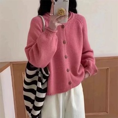 2025秋冬新款女装慵懒风宽松纯色针织开衫女毛衣外套上衣63粉色