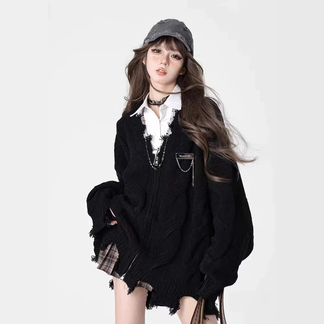 V-образный свитер на молнии с вихревой свитер женский весенний и осенний новый нишевый дизайн