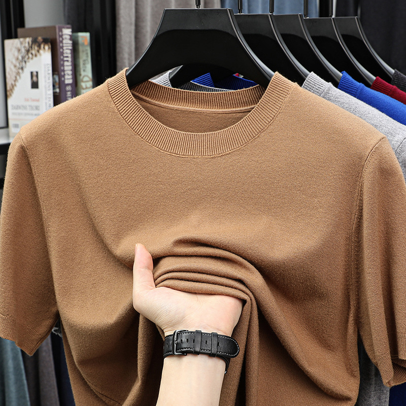Men's Short-Sleeved Sweater, Thin Solid Color Imitation Knit Sweater, Casual Men's Wear, Round Neck Pullover Knitwear, Men's Cross-Border Men's Short-Sleeved Sweater, Thin Solid Color Imitation Knit Sweater, Casual Men's Wear, Round Neck Pullover Knitwear, Men's Cross-Border