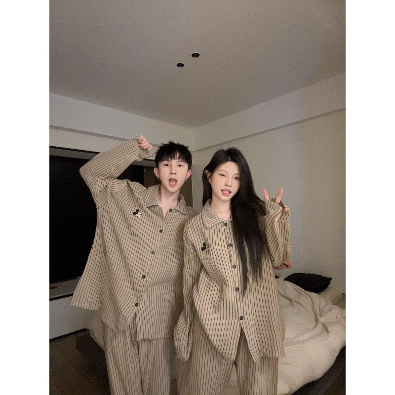 한국 스타일 INS 스타일 미키 파자마 여성 봄과 가을 커플의 새로운 도착 줄무늬 카디건 긴팔 바지 홈 의류 세트