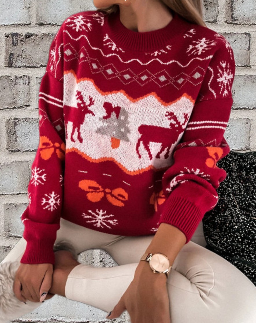 Maglione lavorato a maglia a maniche lunghe con scollo rotondo largo in jacquard natalizio da donna 2024_voghion.com