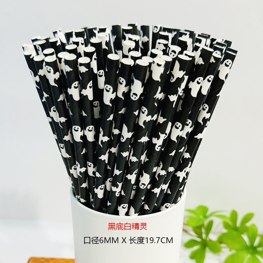 Una gran cantidad de pajitas de papel desechables al por mayor, pajitas de papel de Halloween, pajitas de papel degradables, calavera, calabaza