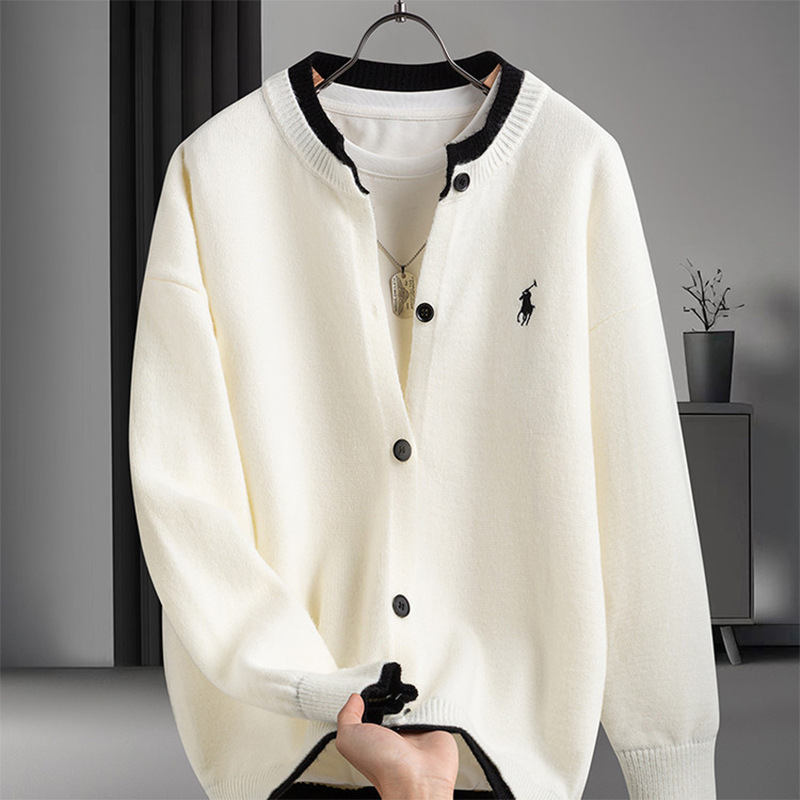 Classic Contrast Color Stitching Knitted Cardigan Top Men's Winter New Thickened Fashion Easiest for Match Loose Embroidered Sweater