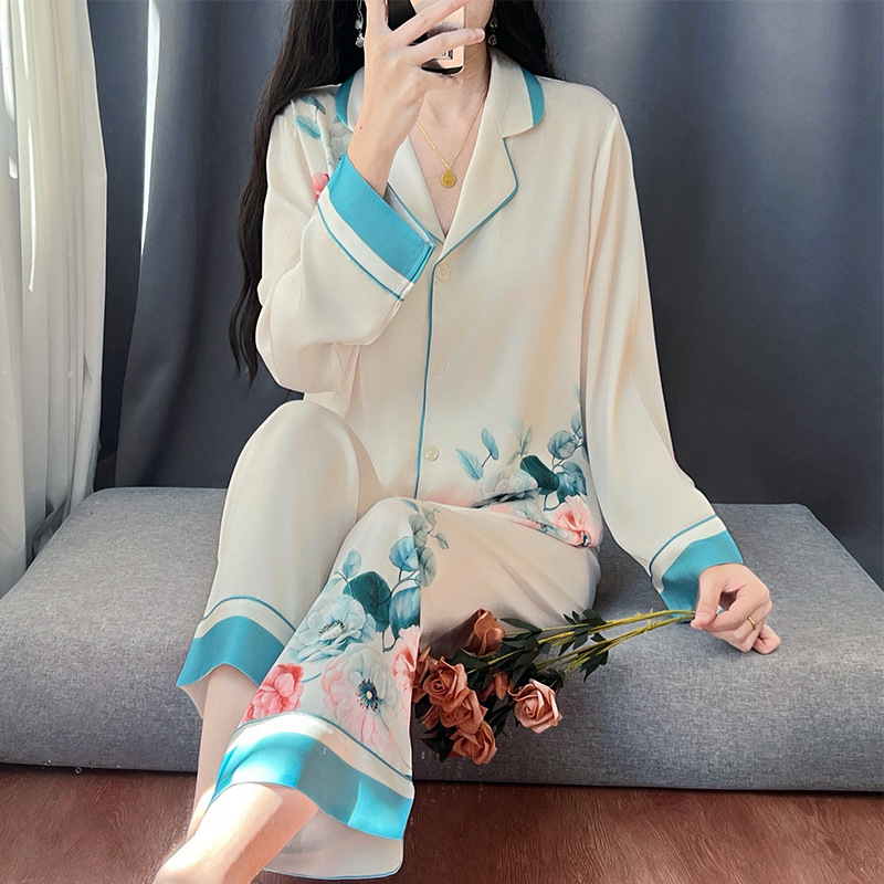 2025 Pajamas Women's Spring and Summer Cool Ice Silk Long Sleeve Cardigan Casual Style Two-Piece Suit Home Clothes