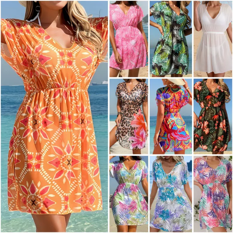 2025欧美热卖比基尼罩衫跨境亚马逊印花短袖网纱连体收腰沙滩罩衫