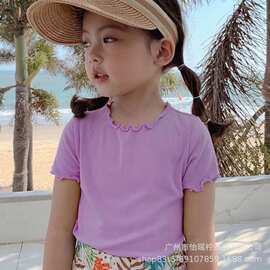 2026夏季韩版百搭女儿童木耳边上衣休闲短袖T恤简约甜美纯色打底