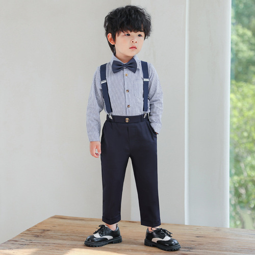 Cross-border belt suit set summer boys' suit striped short-sleeved shirt performance children's dress for young children foreign trade