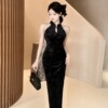 Pearl embellishment off shoulder cheongsam with buttocks wrapped dress