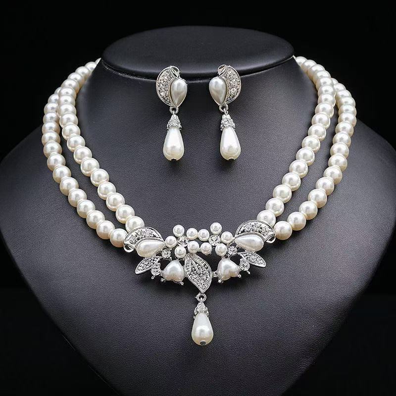 2024 European and American Jewelry suit Double Pearl Necklace Earrings Bridal Wedding Dress Dinner Dress Accessories 2024 European and American Jewelry suit Double Pearl Necklace Earrings Bridal Wedding Dress Dinner Dress Accessories