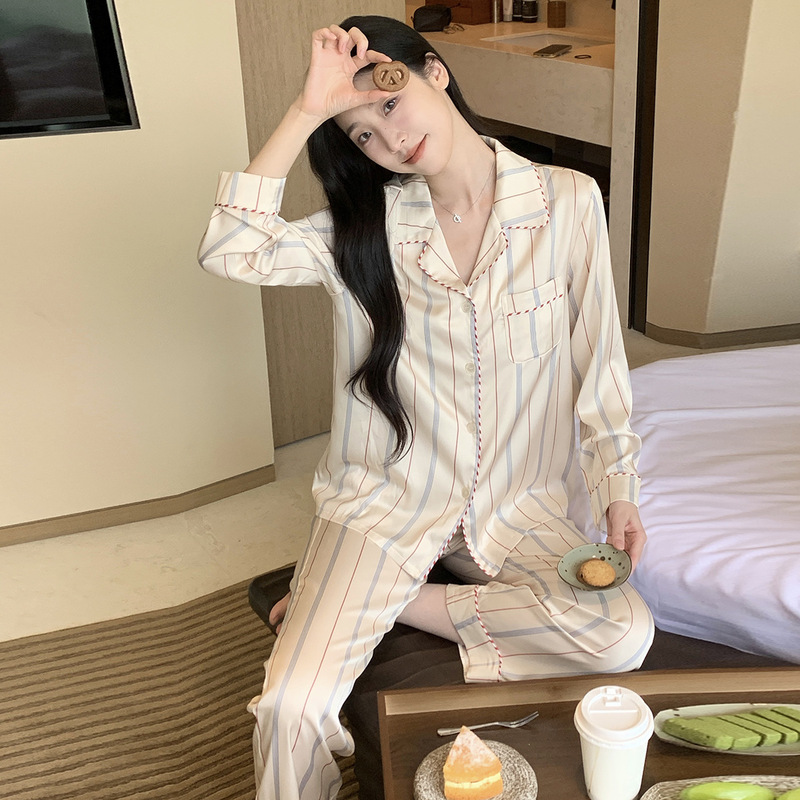 2025 New Striped Long-Sleeved Pajamas for Women, Little Prince Dreamer, Ice Silk Spring and Autumn Home Wear Silk Set