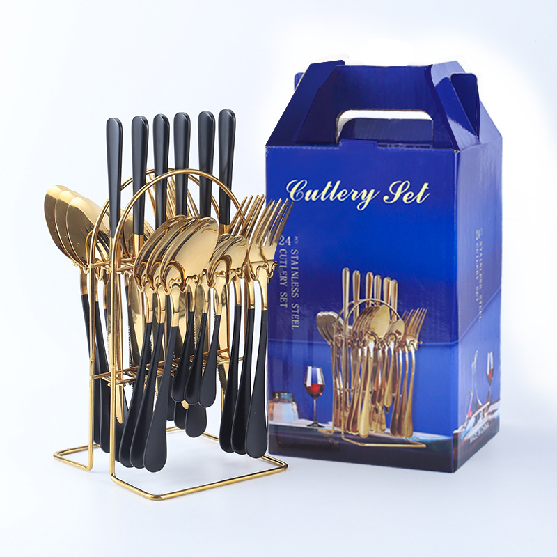 Amazon popular vajilla de acero inoxidable 24 piezas traje 1010 cuatro piezas principales cuchillo de comida occidental, tenedor y cuchara traje rack caja de regalo