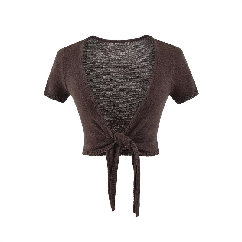 Purely Alluring Style, Summer Thin Brown Lace-Up Knitted Cardigan, Short-Sleeved Top, Paired with a Slimming and Versatile Cover-Up Purely Alluring Style, Summer Thin Brown Lace-Up Knitted Cardigan, Short-Sleeved Top, Paired with a Slimming and Versatile Cover-Up