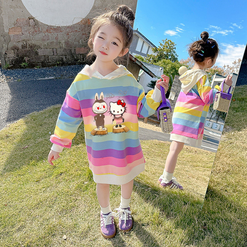 女童卫衣裙2025春装新款女宝宝韩版洋气中长款彩虹条纹儿童拉布布|undefined
