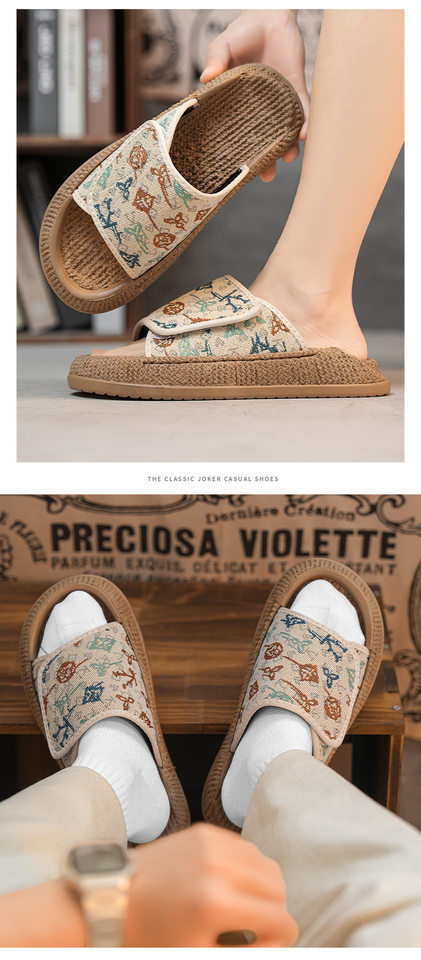 Dép lê nam quai ngang vải lanh phong cách Âu Mỹ, đi ngoài trời, đi biển, dép sành điệu — 8025 màu đen, 8025m màu chi tiết 10