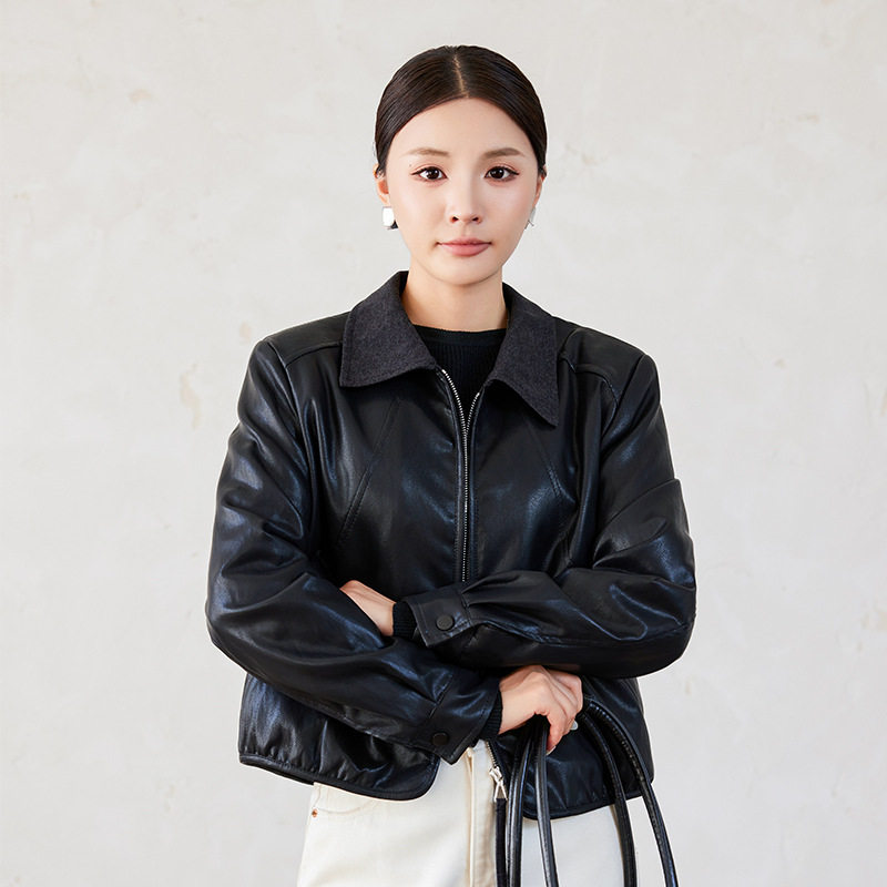 Áo khoác da nữ cổ bẻ dáng ôm phối lông bên trong kiểu mới — màu cà phê, đen, Màu cà phê Fleece dày, Màu đen Fleece dày