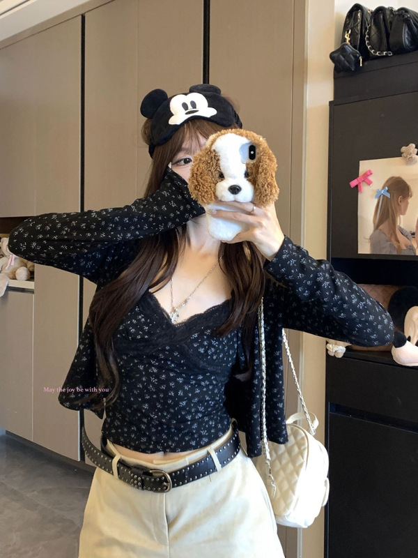设计感辣妹套装碎花长袖开衫外套女早秋内搭花边吊带背心两件套潮|undefined