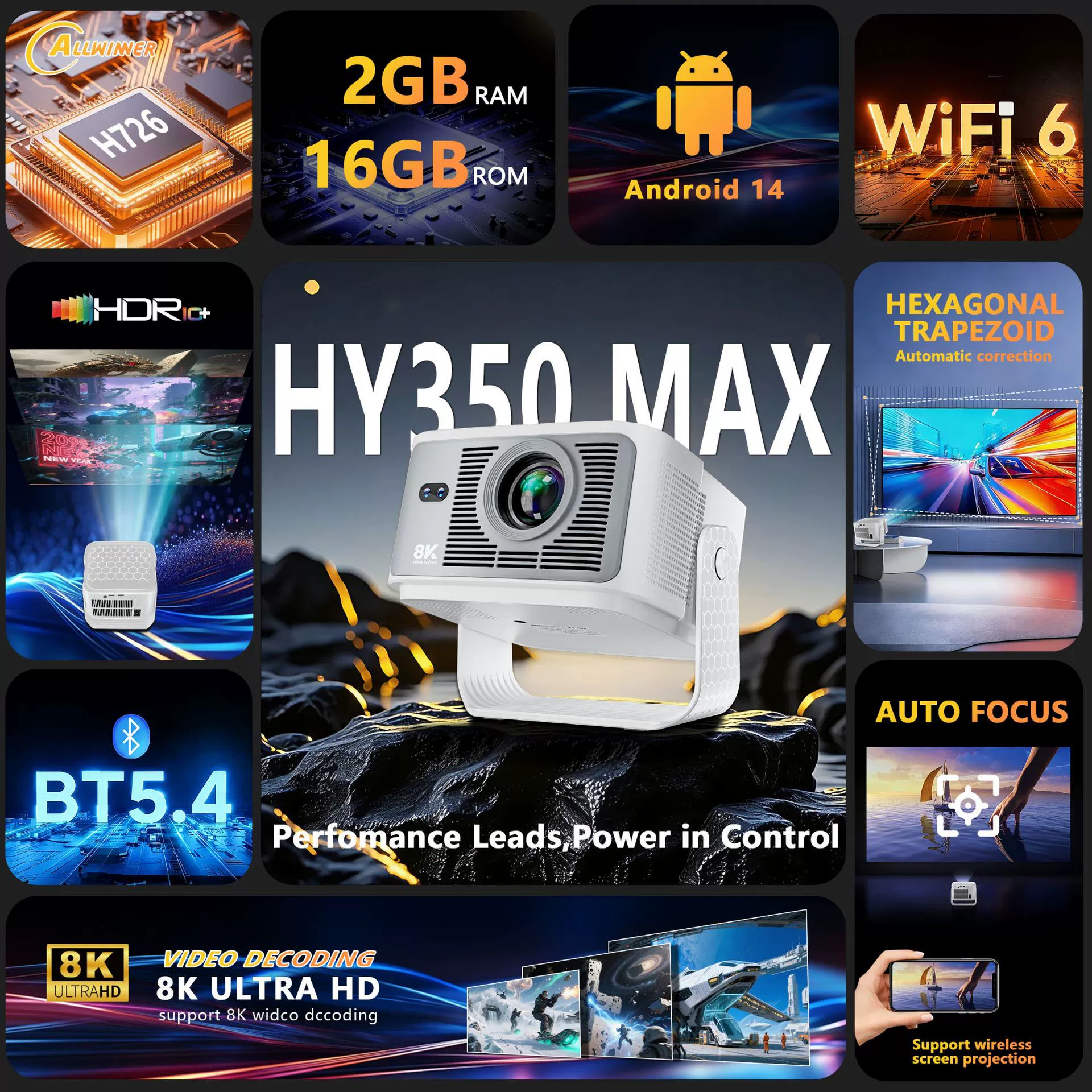 Новейший проектор HY350MAX на Android 14, проектор домашнего Ultra HD 8K, WiFi6BT5, через границу