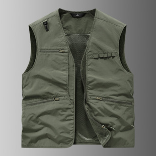Men's Thin Vest for Spring and Autumn, Outdoor Casual Multi-Pocket Fishing Vest, Men's Workwear Quick-Dry Vest Jacket